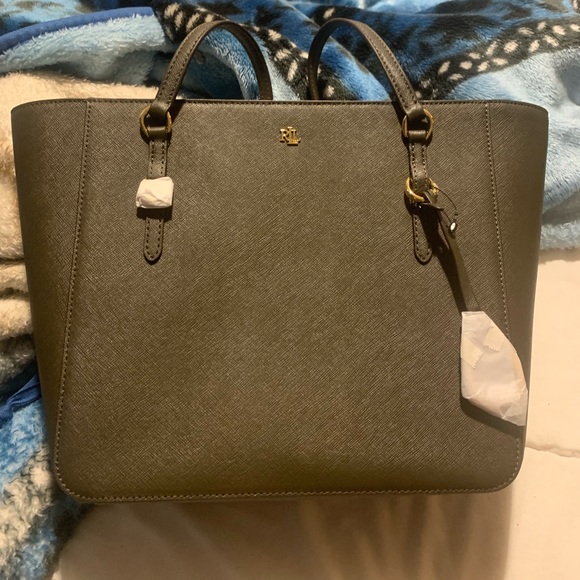 Ralph Lauren leather tote bag, olive green - Picture 1 of 3